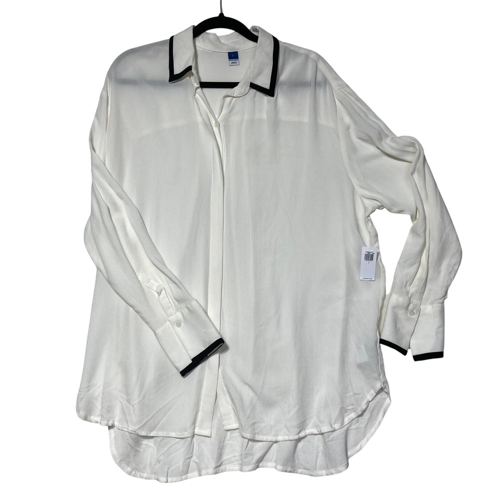 Old Navy Womens White Button Down Shirt Black Trim Hi Lo Hem Long Sleeve L NEW